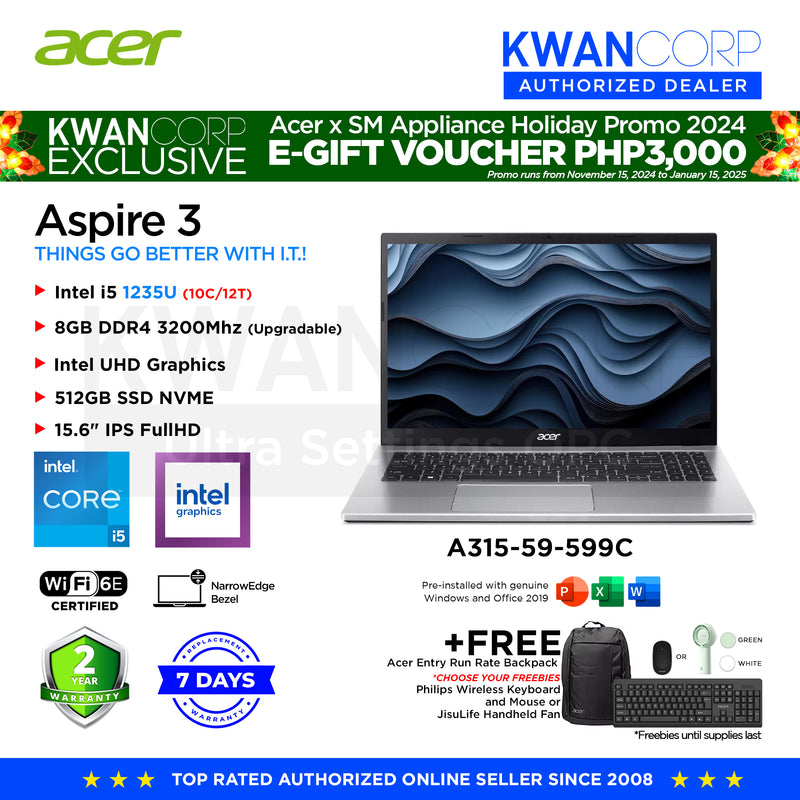 Acer Aspire 3. A315-59-599C Intel i5 1235U 8GB RAM Intel UHD Graphics 512GB SSD 15.6" IPS FullHD Windows 11 Mainstream Laptop