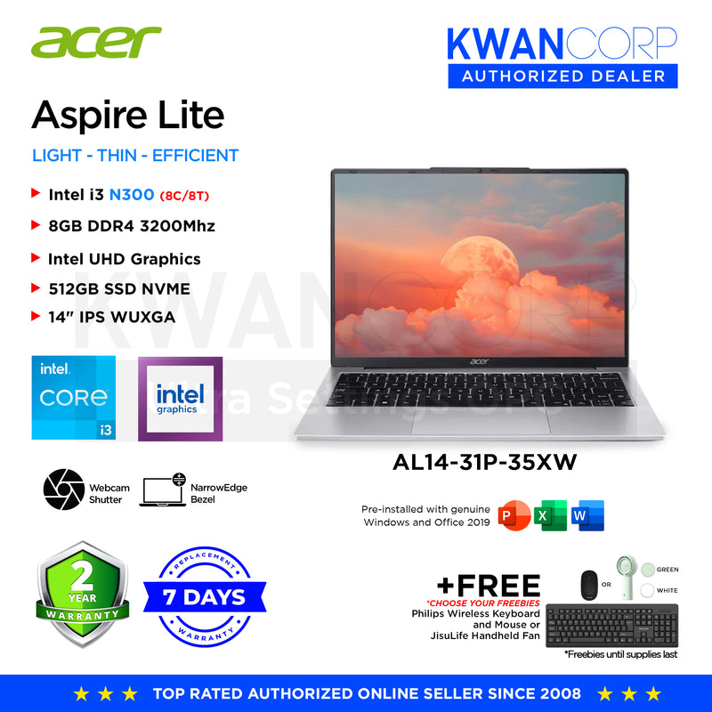 Acer Aspire Lite AL14-31P-35XW Intel i3 N300 8GB RAM Intel UHD Graphics 512GB SSD 14" IPS WUXGA Windows 11 Mainstream Laptop