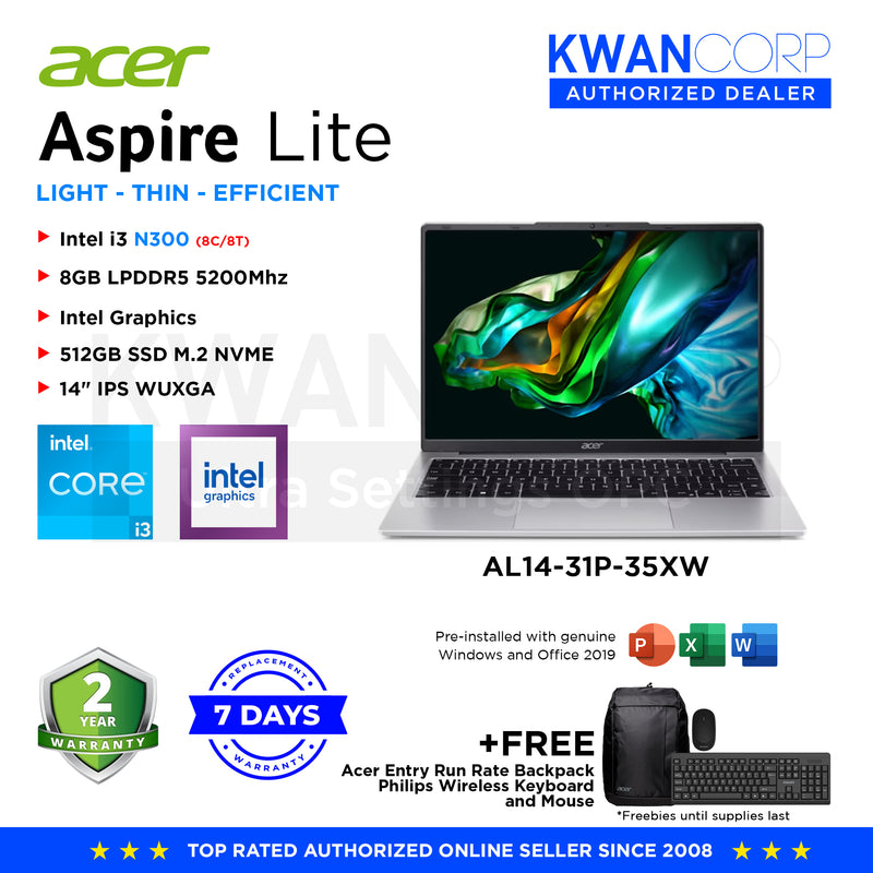 Acer Aspire Lite AL14-31P-35XW Intel i3 N300 8GB RAM Intel UHD Graphics 512GB SSD 14" IPS WUXGA Windows 11 Mainstream Laptop