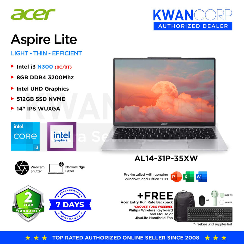 Acer Aspire Lite AL14-31P-35XW Intel i3 N300 8GB RAM Intel UHD Graphics 512GB SSD 14" IPS WUXGA Windows 11 Mainstream Laptop