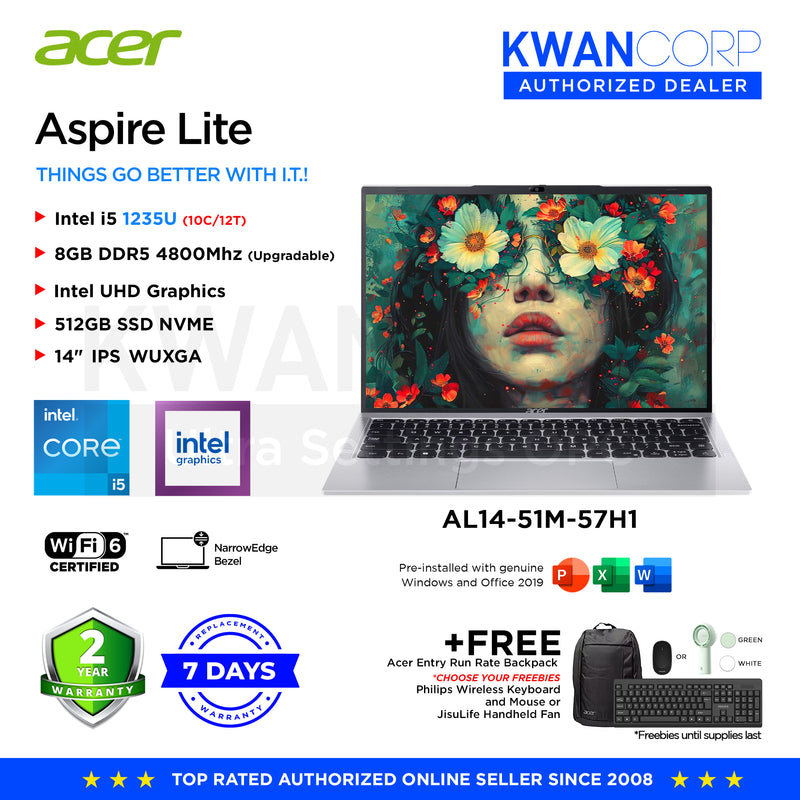 Acer Aspire Lite. AL14-51M-57H1 Intel i5 1235U 8GB RAM Intel UHD Graphics 512GB SSD 14"	IPS WUXGA Windows 11 Mainstream Laptop