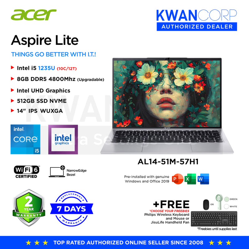 Acer Aspire Lite. AL14-51M-57H1 Intel i5 1235U 8GB RAM Intel UHD Graphics 512GB SSD 14"	IPS WUXGA Windows 11 Mainstream Laptop