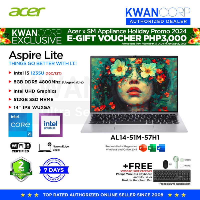 Acer Aspire Lite. AL14-51M-57H1 Intel i5 1235U 8GB RAM Intel UHD Graphics 512GB SSD 14"	IPS WUXGA Windows 11 Mainstream Laptop