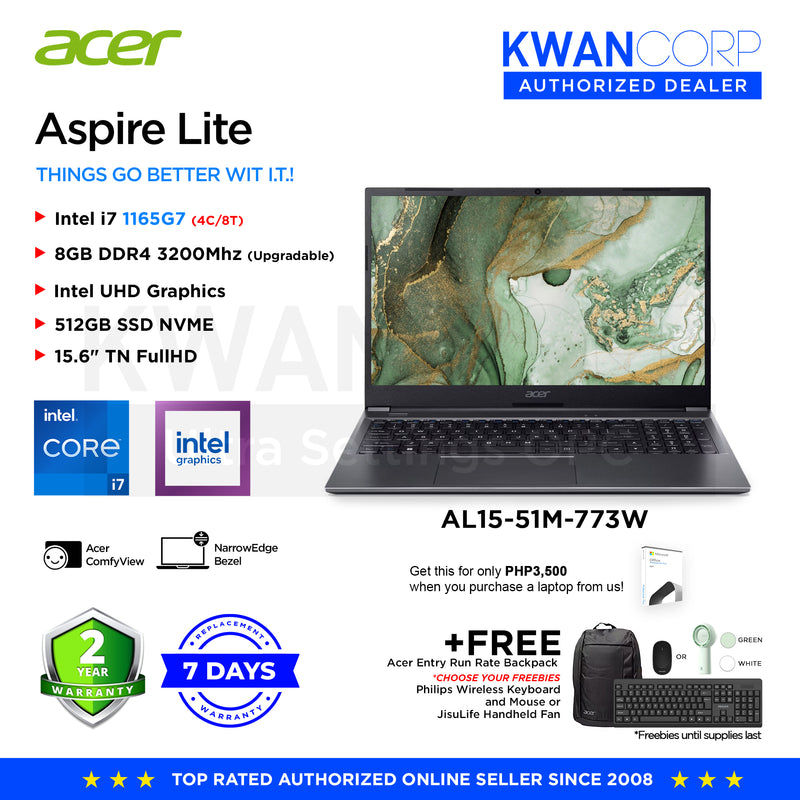 Acer Aspire Lite. AL15-51M-773W Intel i7 1165G7 8GB RAM Intel UHD Graphics 512GB SSD 15.6" TN FullHD Windows 11 Mainstream Laptop