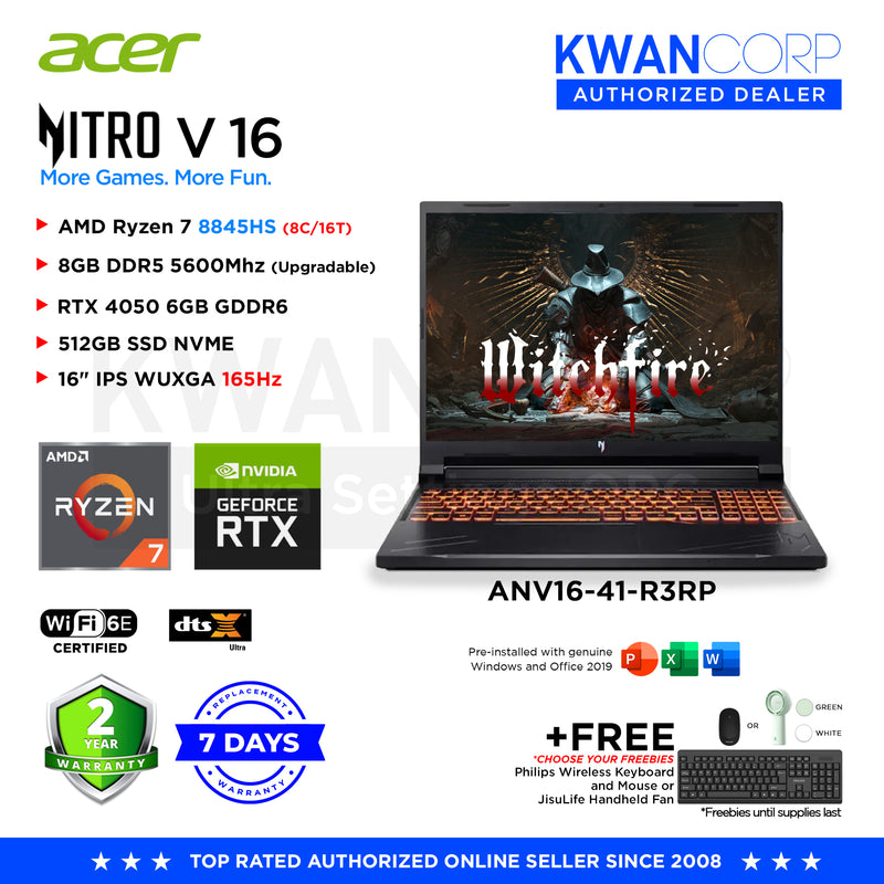 Acer Nitro V 16 ANV16-41-R3RP AMD Ryzen 7 8845HS 8GB RAM RTX 4050 6GB 512GB SSD 16" IPS WUXGA 165Hz Windows 11 Gaming Laptop