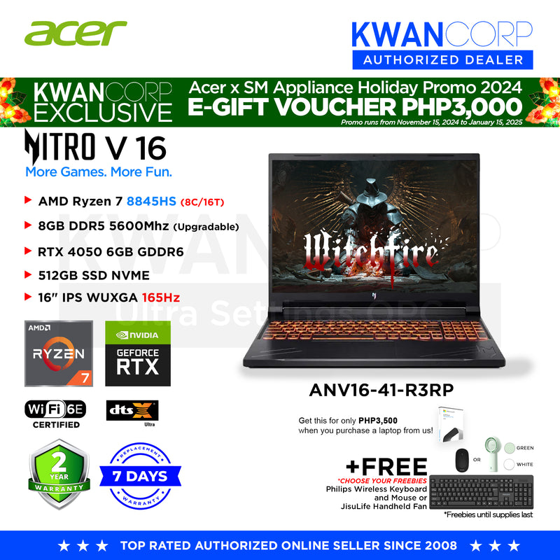 Acer Nitro V 16 ANV16-41-R3RP AMD Ryzen 7 8845HS 8GB RAM RTX 4050 6GB 512GB SSD 16" IPS WUXGA 165Hz Windows 11 Gaming Laptop