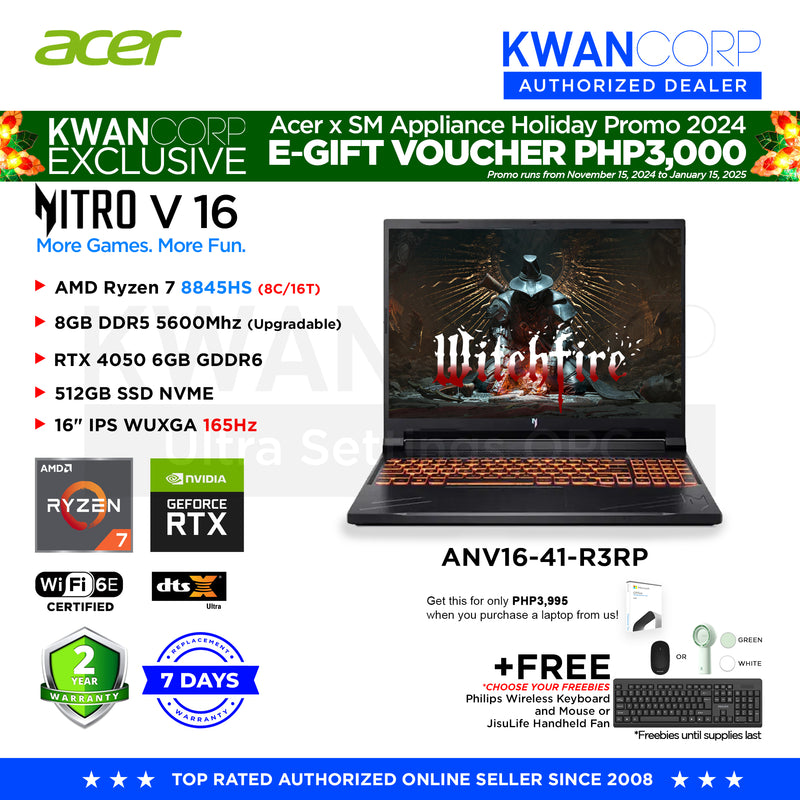 Acer Nitro V 16 ANV16-41-R3RP AMD Ryzen 7 8845HS 8GB RAM RTX 4050 6GB 512GB SSD 16" IPS WUXGA 165Hz Windows 11 Gaming Laptop