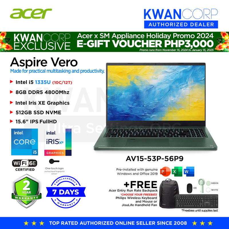 Acer Aspire Vero AV15-53P-56P9 Intel i5 1335U 8GB RAM Intel Iris XE Graphics 512GB SSD 15.6" IPS FHD Mainstream Laptop