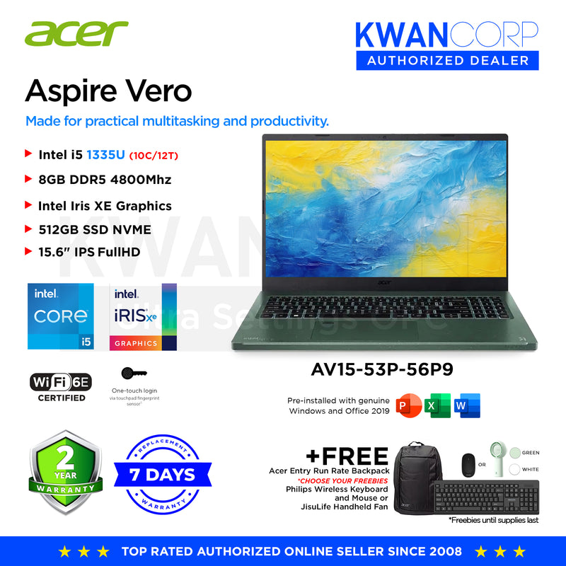 Acer Aspire Vero AV15-53P-56P9 Intel i5 1335U 8GB RAM Intel Iris XE Graphics 512GB SSD 15.6" IPS FHD Mainstream Laptop