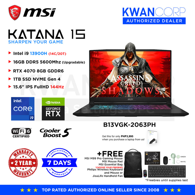 MSI Katana 15. B13VGK-2063PH Intel i9 13900H 16GB RAM RTX 4070 8GB 1TB SSD 15.6" IPS FullHD  144Hz Gaming Laptop