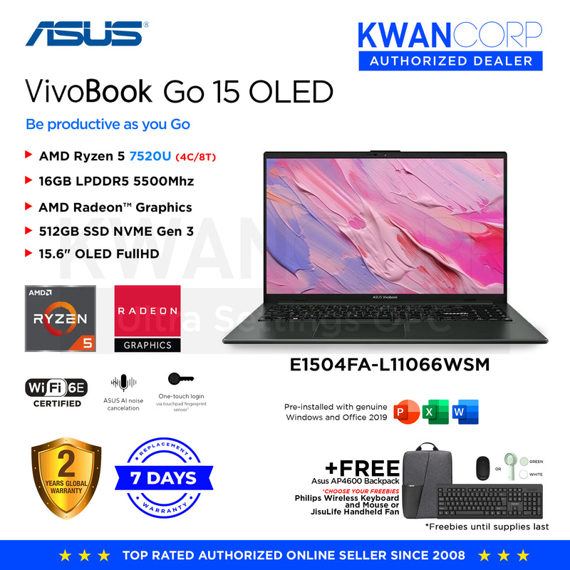 Asus Vivobook Go 15. E1504FA-L11066WSM AMD Ryzen 5 7520U 16GB RAM AMD Radeon™ Graphics 512GB SSD 15.6" OLED FullHD Windows 11 Mainstream Laptop