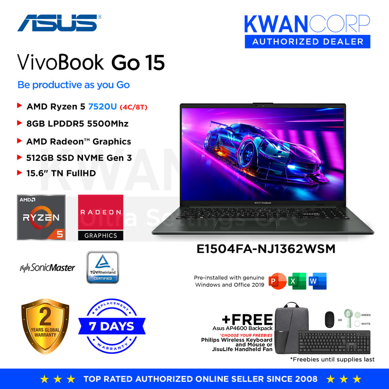 Asus Vivobook Go 15. E1504FA-NJ1362WSM AMD Ryzen 5 7520U 8GB RAM AMD Radeon™ Graphics 512GB SSD 15.6" TN FullHD 1920x1080 Mainstream Laptop