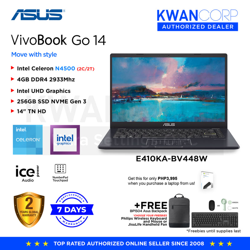 Asus Vivobook Go 14 E410KA-BV448W Intel Celeron N4500 4GB RAM Intel UHD Graphics 256GB SSD 14" Display Windows 11 Laptop