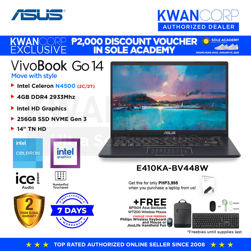 Asus Vivobook Go 14 E410KA-BV448W Intel Celeron N4500 4GB RAM Intel UHD Graphics 256GB SSD 14" Display Windows 11 Laptop