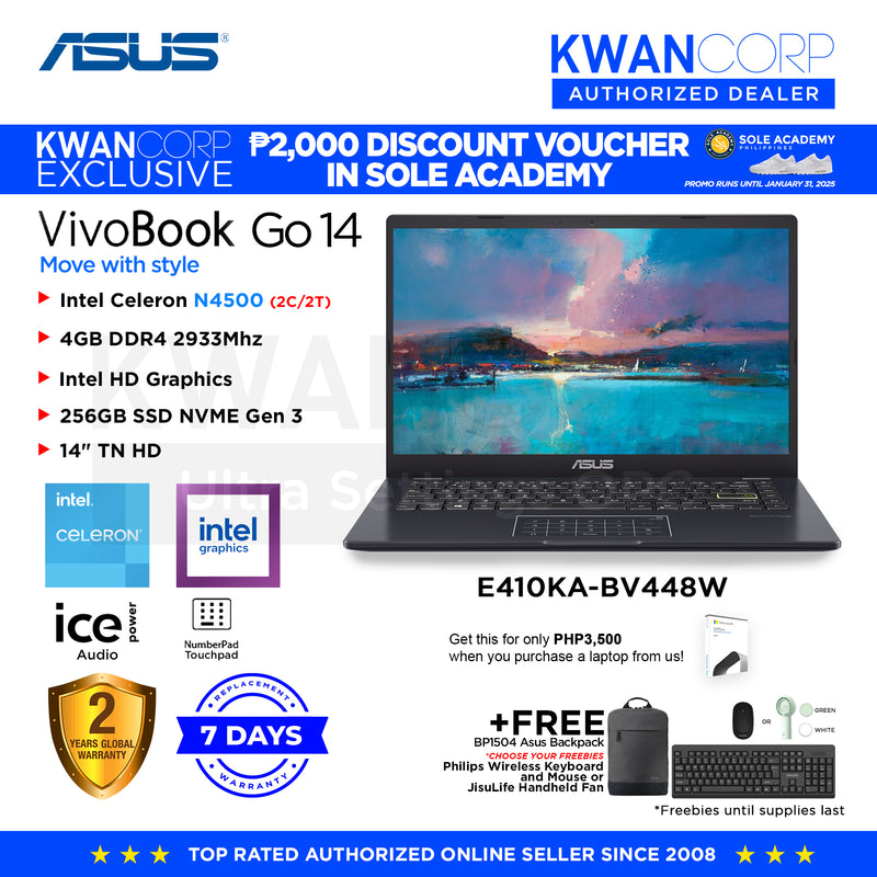 Asus Vivobook Go 14 E410KA-BV448W Intel Celeron N4500 4GB RAM Intel UHD Graphics 256GB SSD 14" Display Windows 11 Laptop