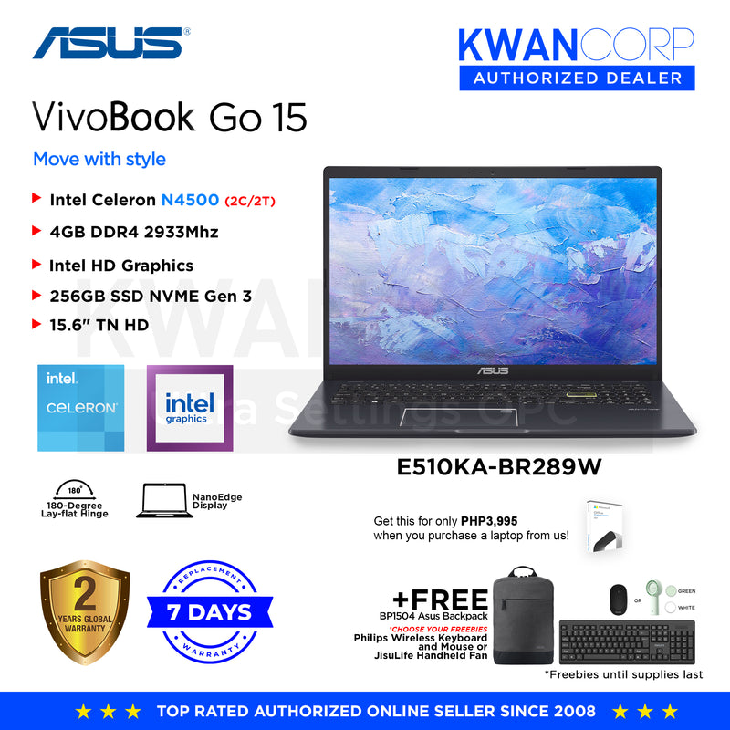 Asus Vivobook Go 15 E510KA-BR289W Intel Celeron N4500 4GB RAM Intel HD Graphics 256GB SSD 15.6" 180-Degree Lay-flat Hinge Windows 11 Laptop