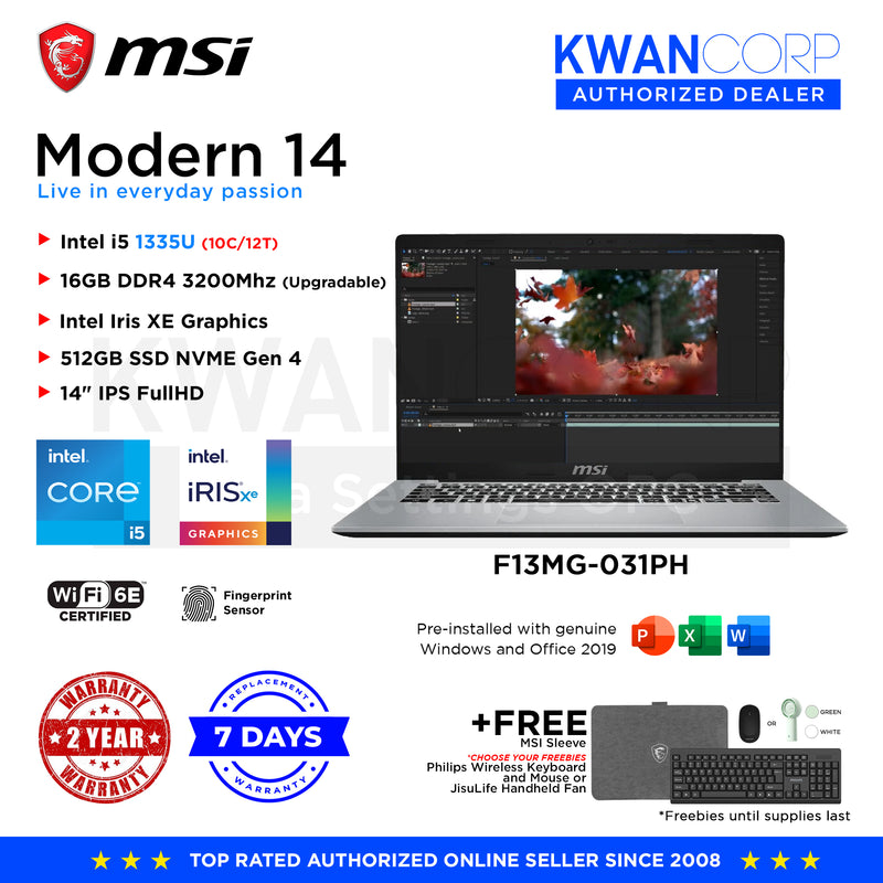 MSI Modern 14. F13MG-031PH Intel i5 1335U 16GB Intel Iris XE Graphics 512GB SSD 14" IPS FullHD 1920x1080 Windows 11 Premium Laptop