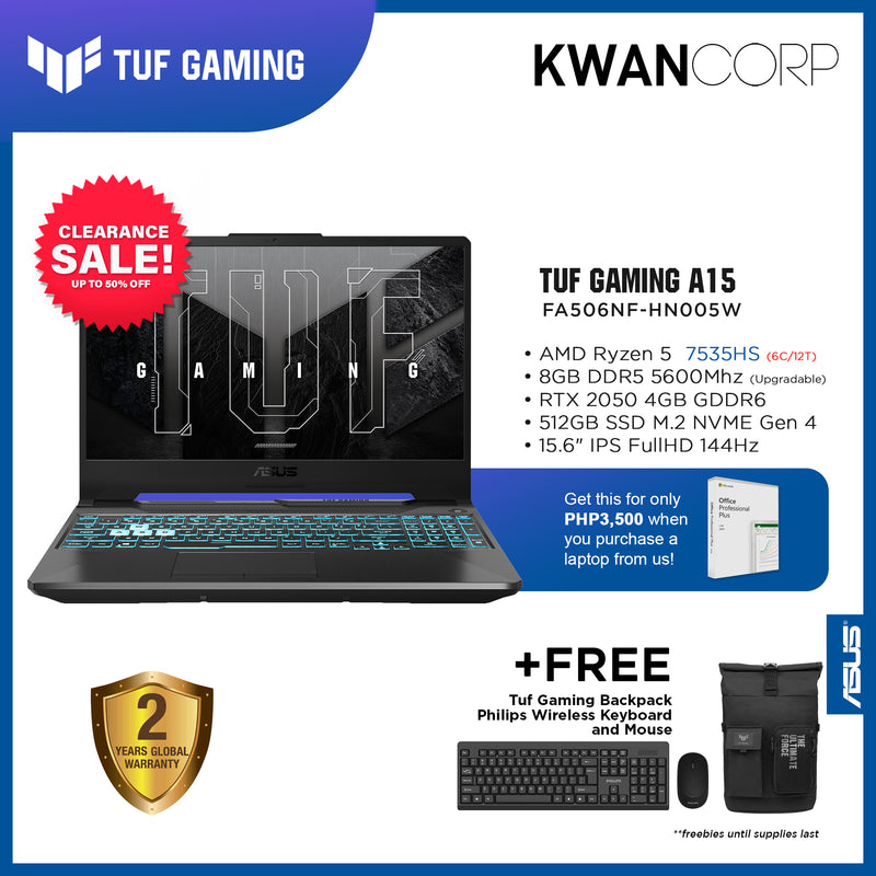 Asus TUF Gaming A15. FA506NF-HN005W AMD Ryzen 5 7535HS 8GB RAM RTX 2050 4GB 512GB SSD M.2 15.6" IPS FullHD 144Hz Windows 11 Gaming Laptop