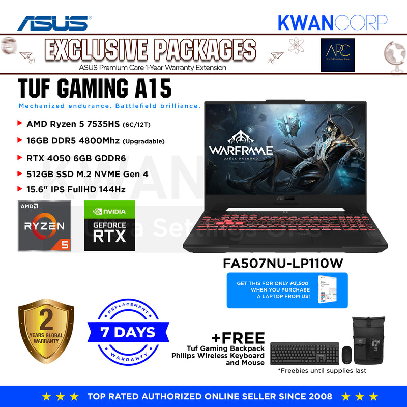 Asus TUF Gaming A15. FA507NU-LP110W AMD Ryzen 5 7535HS 16GB RTX 4050 6GB 512GB SSD 15.6" IPS FullHD 144Hz Windows 11 Gaming Laptop