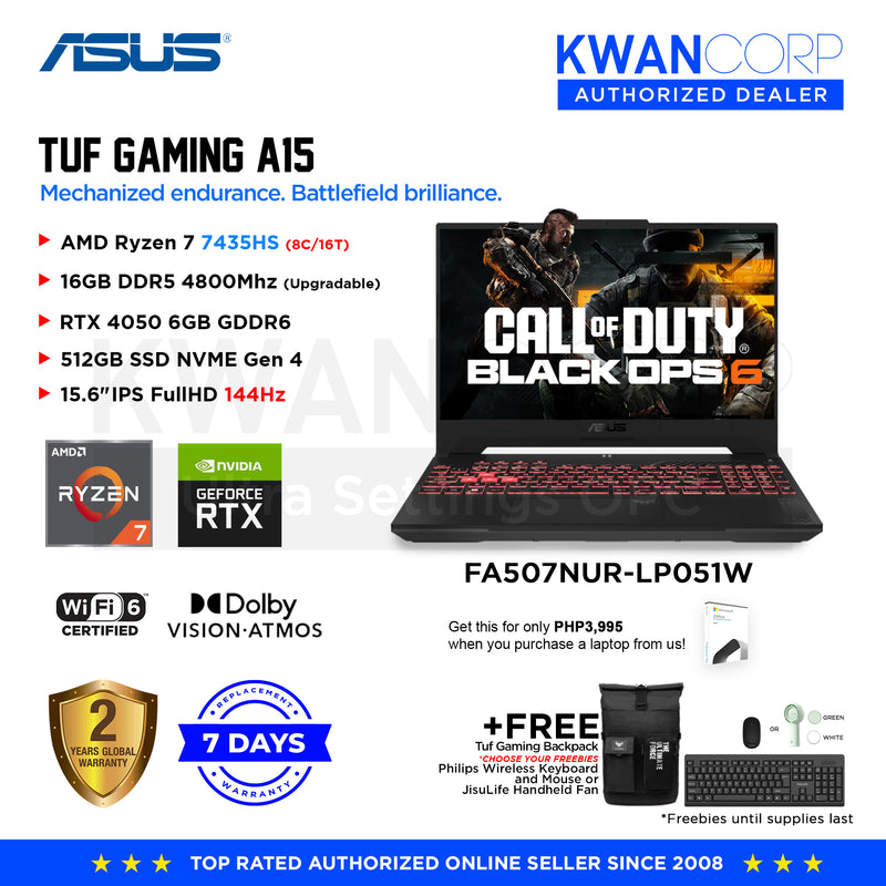 Asus TUF Gaming A15. FA507NUR-LP051W AMD Ryzen 7 7435HS 16GB RAM RTX 4050 6GB 512GB SSD 15.6" IPS FullHD 144Hz Windows 11 Gaming Laptop