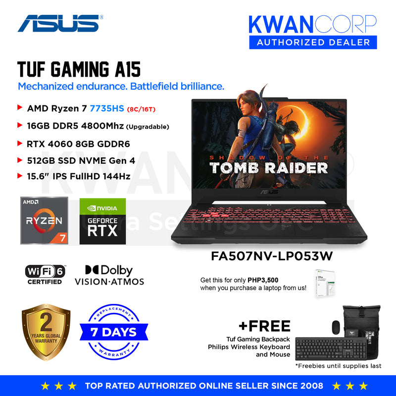 Asus TUF Gaming A15. FA507NV-LP053W AMD Ryzen 7 7735HS 16GB RAM RTX 4060 8GB GDDR6 512GB SSD 15.6" IPS FullHD 1920x1080 144Hz Windows 11 Gaming Laptop