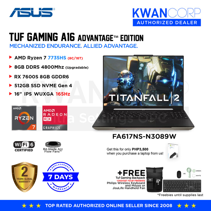 Asus TUF Gaming A16 Advantage Edition. FA617NS-N3089W AMD Ryzen 7 7735HS 8GB RAM RX 7600S 8GB 512GB SSD 16" IPS FHD+ 165Hz Windows 11 Gaming Laptop