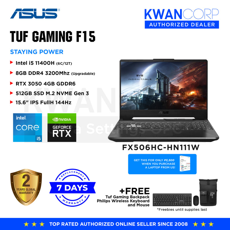 Asus TUF Gaming F15. FX506HC-HN111W Intel i5 11400H 8GB RAM Intel UHD Graphics RTX 3050 4GB 512GB SSD 15.6" IPS FullHD 144Hz Windows 11 Gaming Laptop