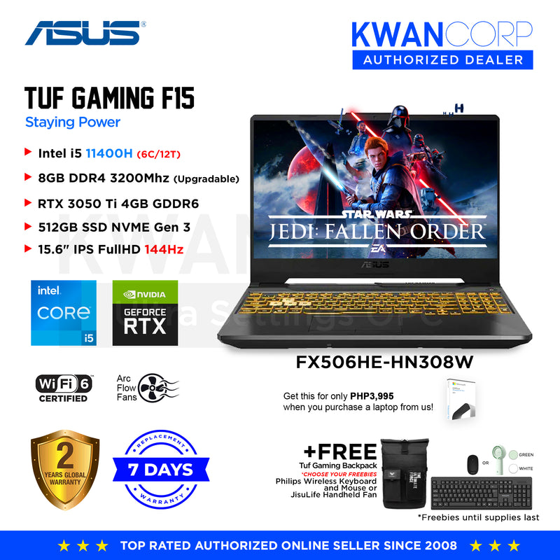 Asus TUF Gaming F15 FX506HE-HN308W Intel i5 - 11400H 8GB RAM RTX3050Ti 4GB 512GB SSD Gen 3 15.6" IPS FHD 144Hz Gaming Laptop