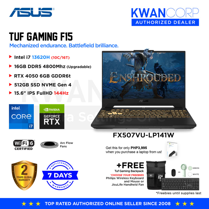 Asus TUF Gaming F15. FX507VU-LP141W Intel i7 13620H 16GB RAM RTX 4050 6GB 512TB SSD 15.6" IPS FUllHD 144Hz Windows 11 Gaming Laptop