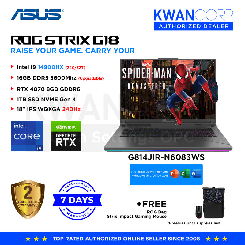 Asus Strix G18. G814JIR-N6083WS Intel i9 14900HX 16GB RAM RTX 4070 8GB 1TB SSD 18" IPS WQXGA   240Hz Windows 11 Gaming Laptop