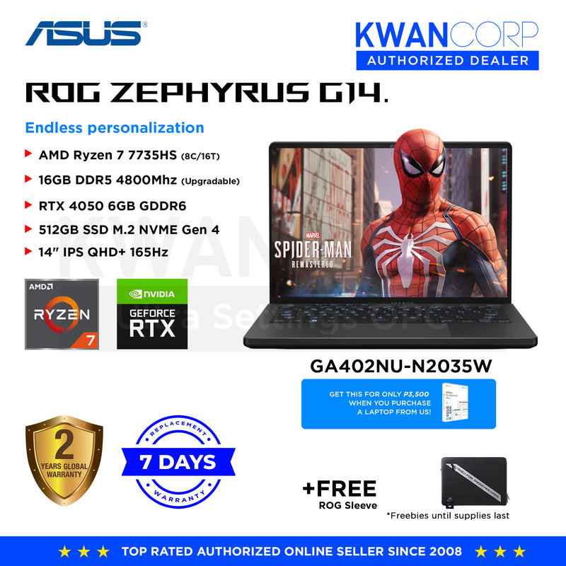 Asus ROG Zephyrus G14. GA402NU-N2035W AMD Ryzen 7 7735HS 16GB RAM RTX 4050 6GB 512GB SSD 14" IPS QHD+ 165Hz Windows 11 Gaming Laptop