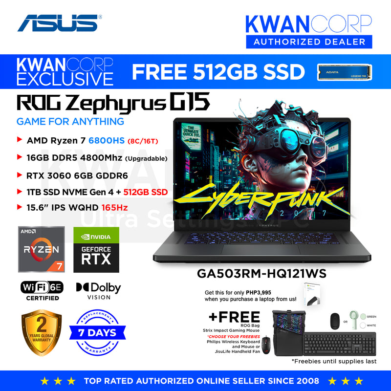 Asus ROG Zephyrus G15 GA503RM-HQ121WS AMD Ryzen 7 6800HS 16GB RAM nVIDIA RTX 3060 6GB 1TB SSD 15.6" IPS WQHD 165Hz Windows 11 Gaming Laptop