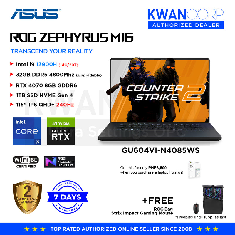 Asus ROG Zephyrus M16 GU604VI-N4085WS Intel i9 13900H 32GB RAM RTX4070 8GB 1TB SSD Gen 4 16" QHD+ 240Hz Gaming Laptop