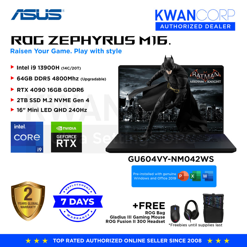 Asus ROG Zephyrus M16. GU604VY-NM042WS Intel i9 13900H 64GB RAM RTX 4090 16GB 2TB SSD 16" Mini LED QHD 240Hz Windows 11 Gaming Laptop