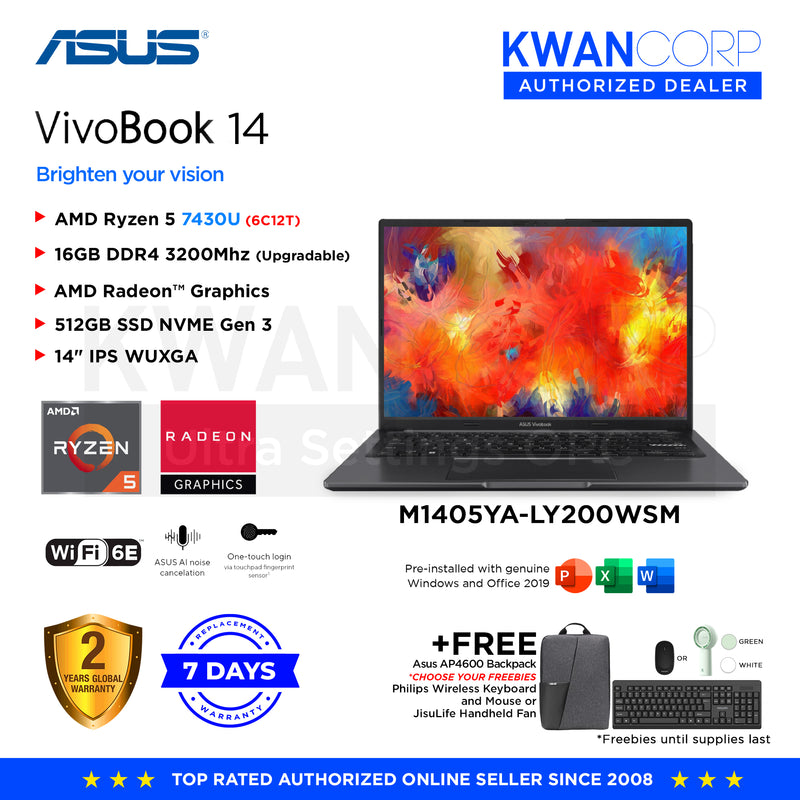 Asus Vivobook 14. M1405YA-LY200WSM AMD Ryzen 5 7430U 16GB RAM AMD Radeon™ Graphics 512GB SSD 14" IPS WUXGA 60Hz Windows 11 Mainstream Laptop