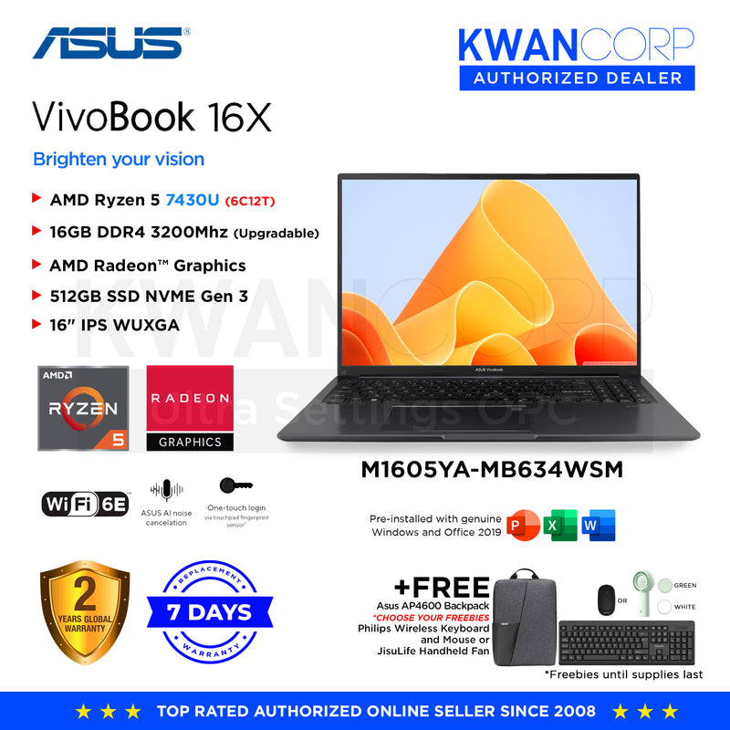 Asus Vivobook 16X. M1605YA-MB634WSM AMD Ryzen 5	7430U 16GB RAM AMD Radeon™ Graphics 512GB SSD 16" IPS WUXGA Windows 11 Mainstream Laptop