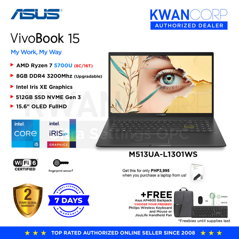 Asus VivoBook 15 M513UA-L1301WS AMD Ryzen 7 5700U 8GB 512GB SSD 15.6" OLED FHD Windows 11 Laptop (Copy)