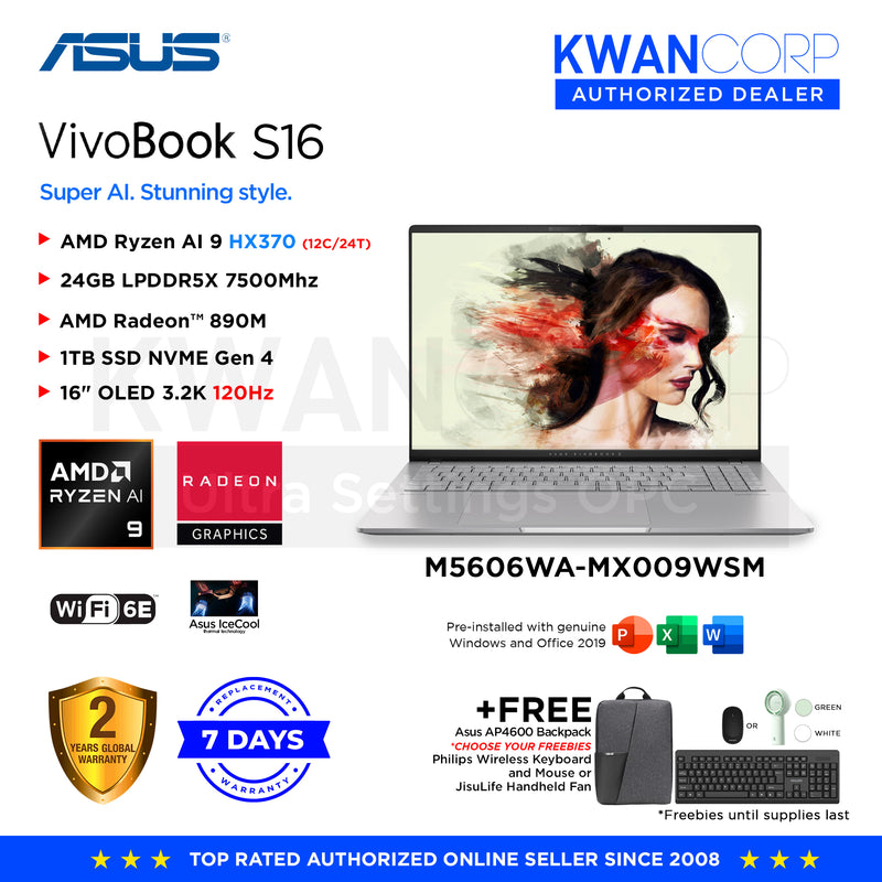 Asus Vivobook S16. M5606WA-MX009WSM AMD Ryzen AI 9 HX370 24GB RAM AMD Radeon™ 890M 1TB SSD 16" OLED 3.2K 120Hz Windows 11 Mainstream Laptop