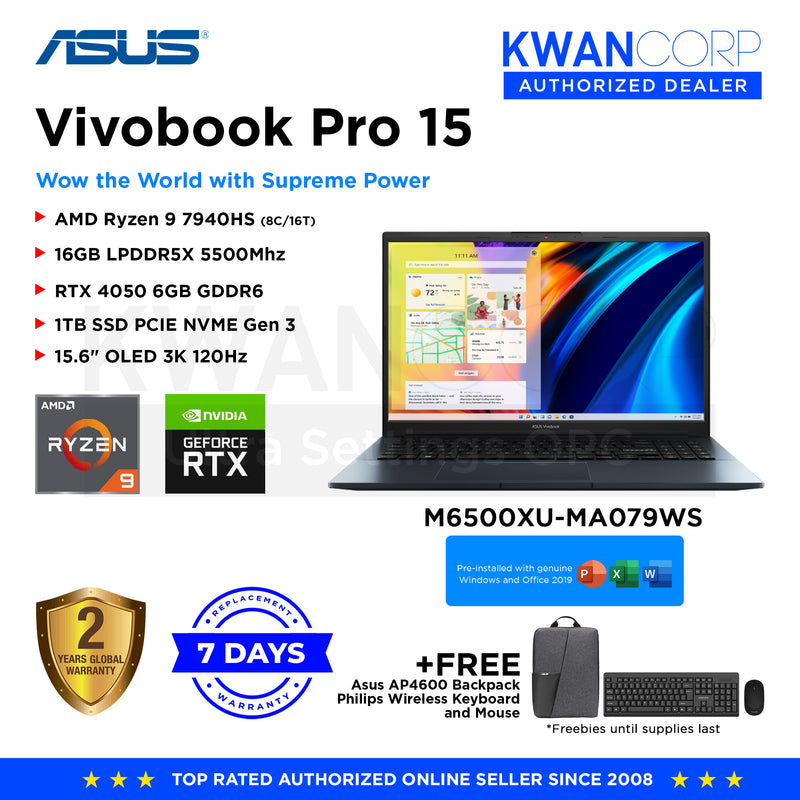 Asus Vivobook Pro 15. M6500XU-MA079WS AMD Ryzen 9 7940HS 16GB RAM RTX 4050 6GB 1TB SSD 15.6" OLED 3K 120Hz Windows 11 Mainstream Laptop