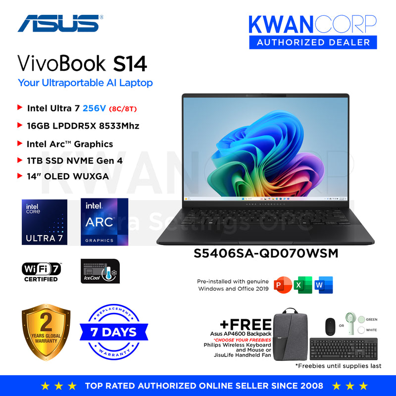 Asus Vivobook S14. S5406SA-QD070WSM Intel Ultra 7 256V 16GB RAM Intel Arc™ Graphics 1TB SSD 14" OLED WUXGA 1920x1200 Mainstream Laptop