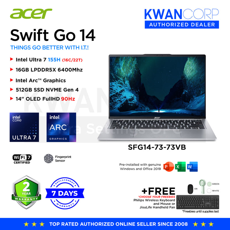 Acer Swift Go 14 SFG14-73-73VB Intel Ultra 7 155H 16GB RAM Intel Arc™ Graphics 512GB SSD 14" OLED FullHD 90Hz Windows 11 Mainstream Laptop