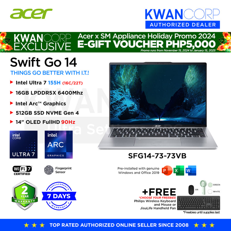 Acer Swift Go 14 SFG14-73-73VB Intel Ultra 7 155H 16GB RAM Intel Arc™ Graphics 512GB SSD 14" OLED FullHD 90Hz Windows 11 Mainstream Laptop