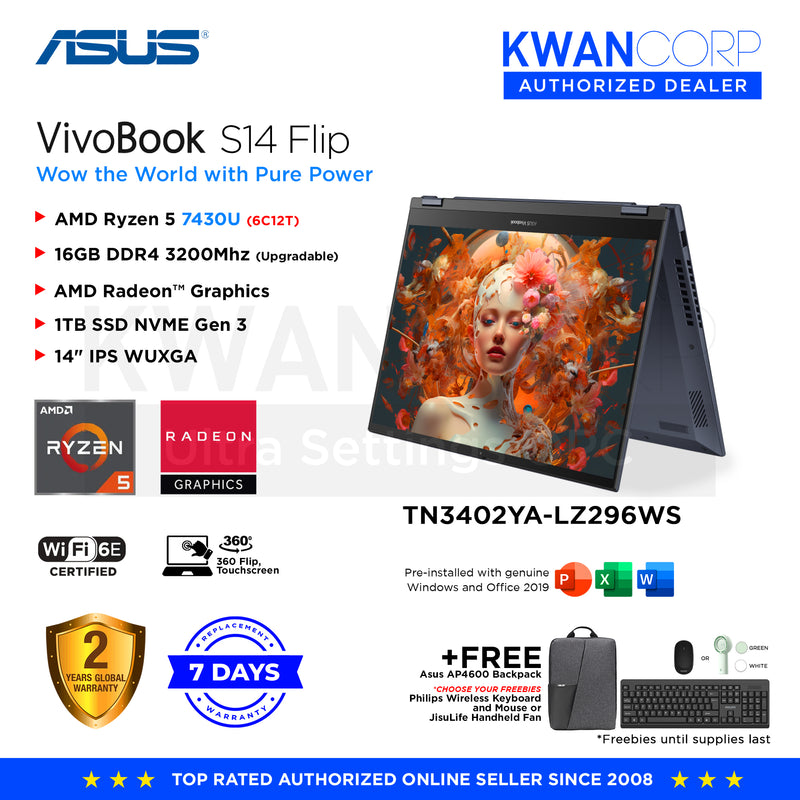 Asus Vivobook S14 Flip. TN3402YA-LZ296WS AMD Ryzen 5 7430U 16GB AMD Radeon™ Graphics 1TB SSD 14" IPS WUXGA Windows 11 Mainstream Laptop