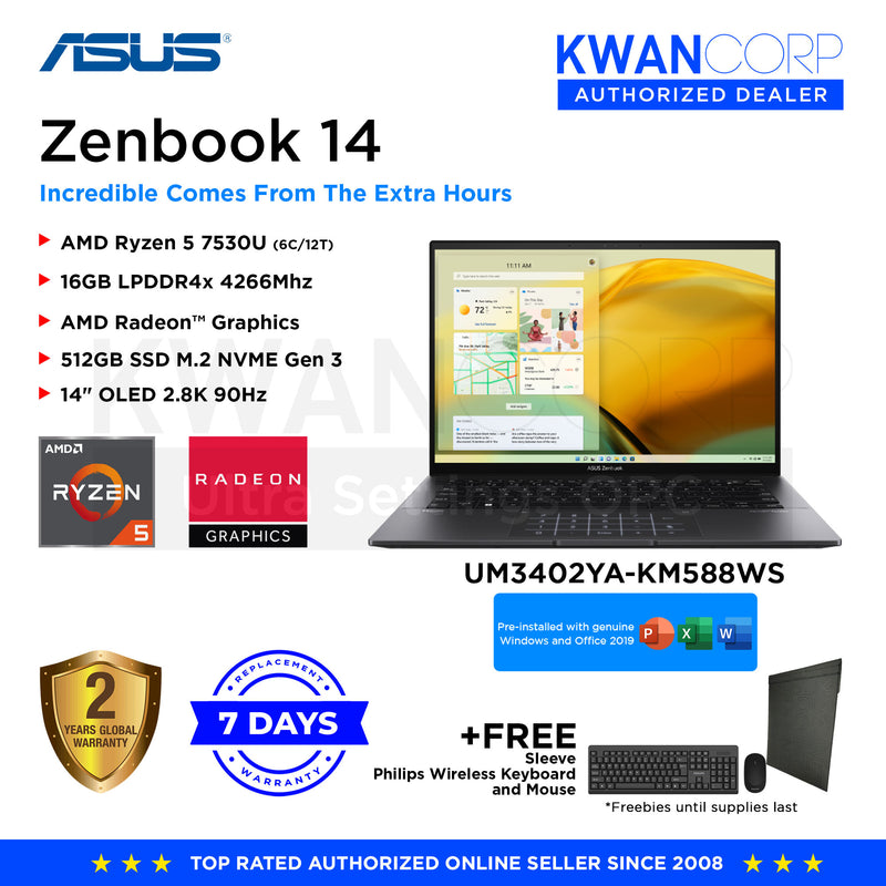 Asus Zenbook 14. UM3402YA-KM588WS AMD Ryzen 5 7530U 16GB RAM AMD Radeon™ Graphics 512GB SSD 14" OLED 2.8K 90Hz Windows 11 Premium Laptop