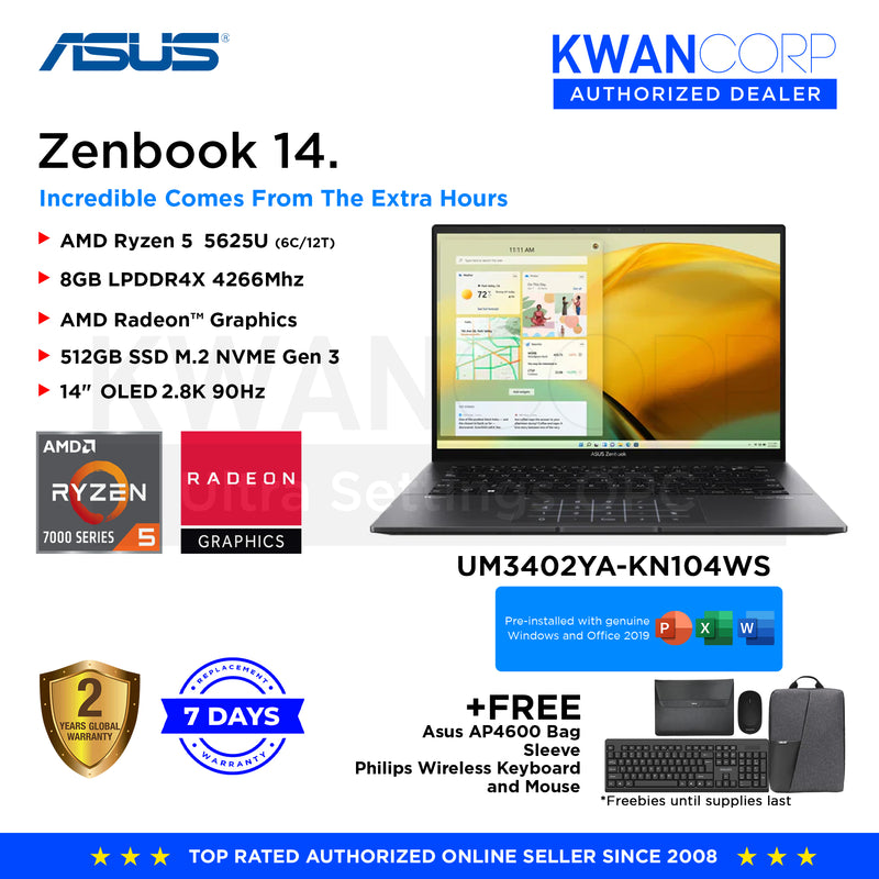 Asus Zenbook 14. UM3402YA-KN104WS AMD Ryzen 5 5625U 8GB RAM AMD Radeon™ Graphics 512GB SSD 14" OLED 2.8K 90Hz Windows 11 Premium Laptop