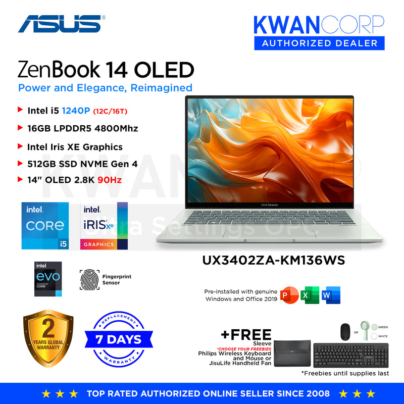 Asus Zenbook 14. UX3402ZA-KM136WS Intel i5 1240P 16GB RAM Intel Iris XE Graphics 512GB SSD 14" OLED 2.8K 2880 x 1800 90Hz Premium Laptop