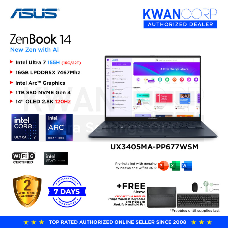 Asus Zenbook 14. UX3405MA-PP677WSM Intel Ultra 7 155H 16GB RAM Intel Arc™ Graphics 1TB SSD 14" OLED 2.8K 120Hz Windows 11 Premium Laptop