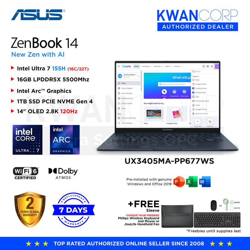 Asus Zenbook 14. UX3405MA-PP677WS Intel Ultra 7 155H 16GB RAM Intel Arc™ Graphics 1TB SSD 14" OLED 2.8K 120Hz Windows 11 Premium Laptop