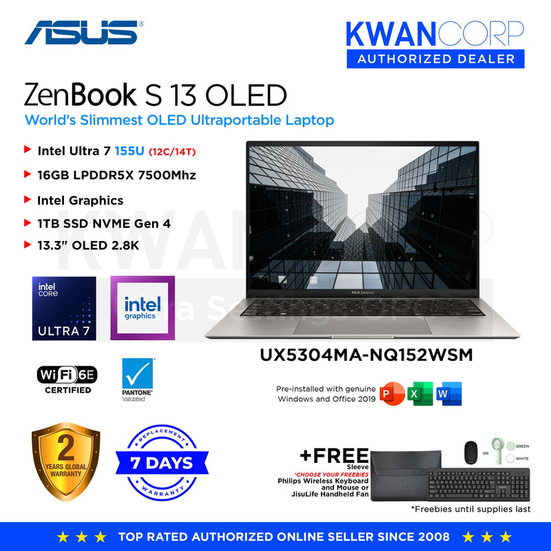 Asus Zenbook S 13. UX5304MA-NQ152WSM Intel Ultra 7 155U 16GB Intel Graphics 1TB SSD 13.3" OLED 2.8K Windows 11 Premium Laptop