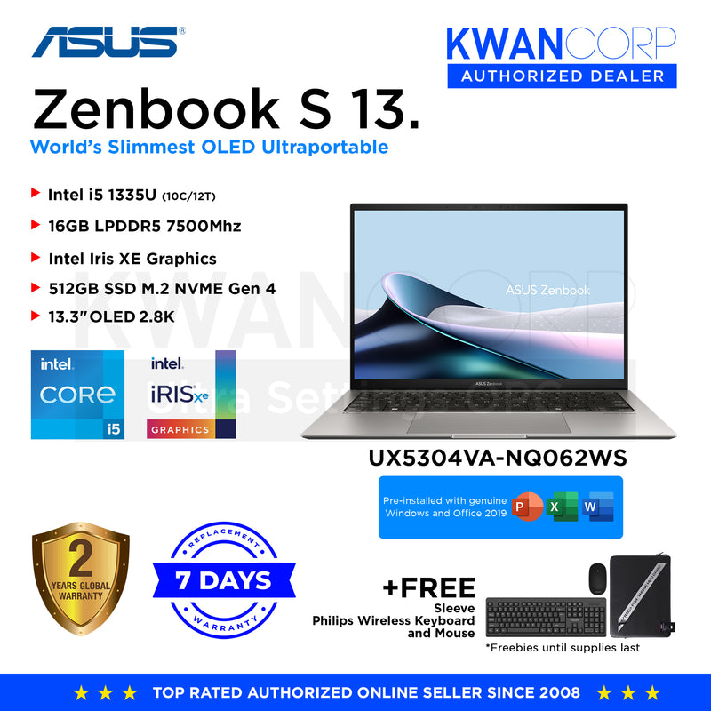 Asus Zenbook S 13. UX5304VA-NQ062WS Intel i5 1335U 16GB RAM Intel Iris XE Graphics 512GB SSD 13.3" OLED 2.8K Windows 11 Premium Laptop